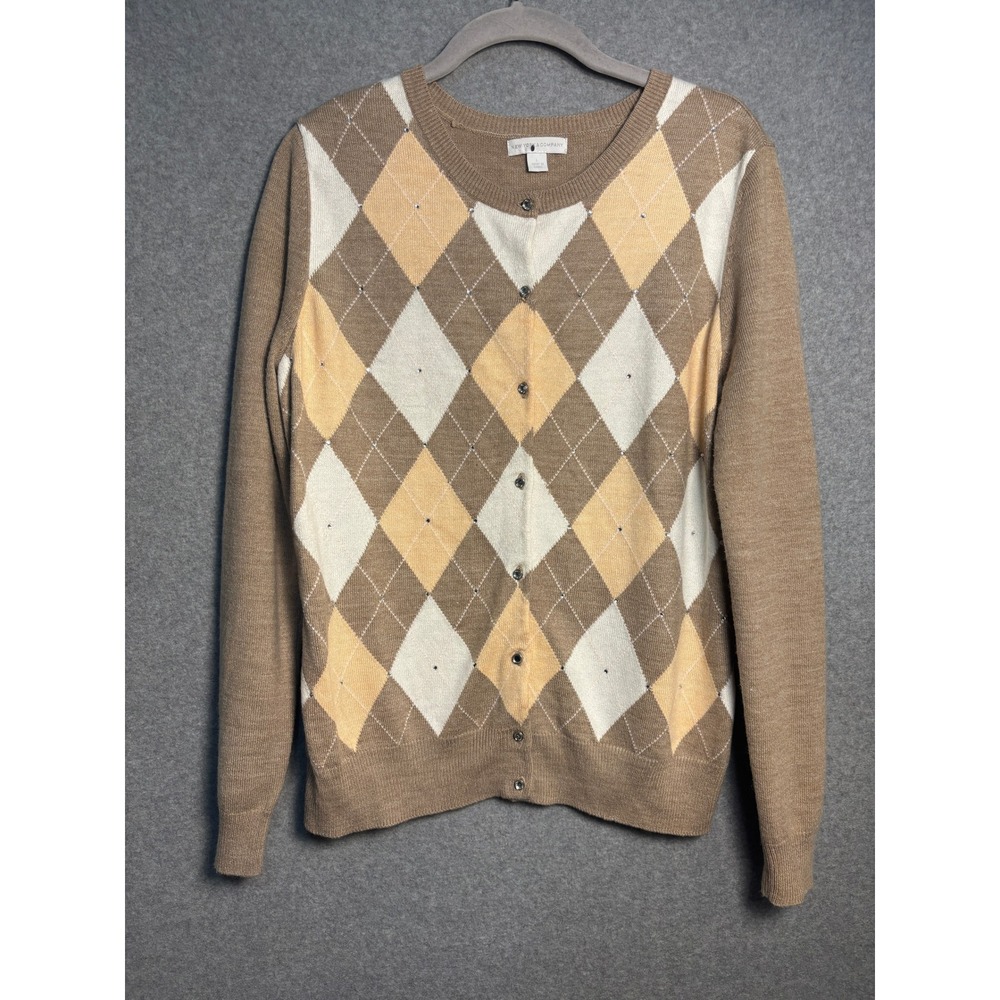 New York & Company Argyle Cardigan Large Preppy Academia Sweater